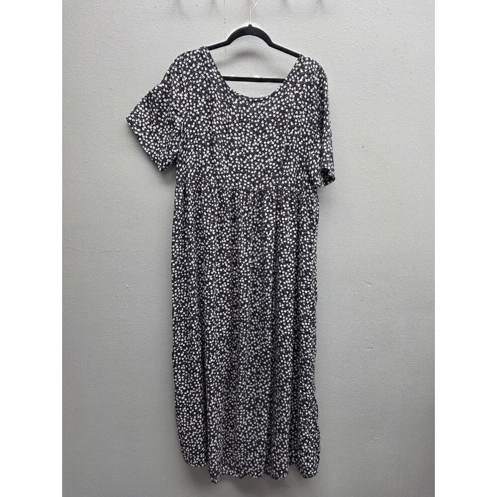 Kathi Lee Dress Womens Large Floral Short Sleeve Midi Rayon Pockets Tie Waist